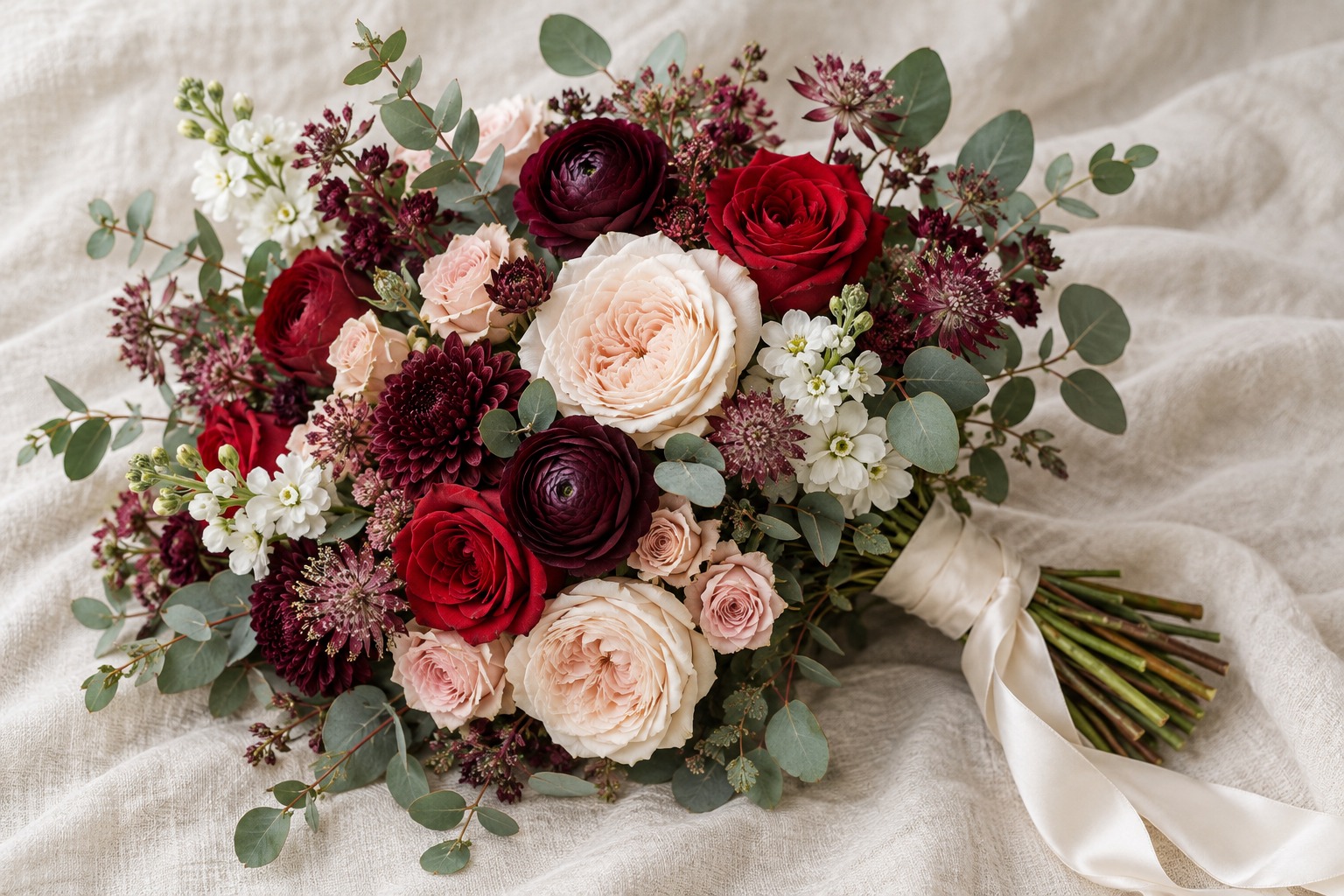 Bridal bouquet with burgundy ranunculus, red roses, cream garden roses and blush accents