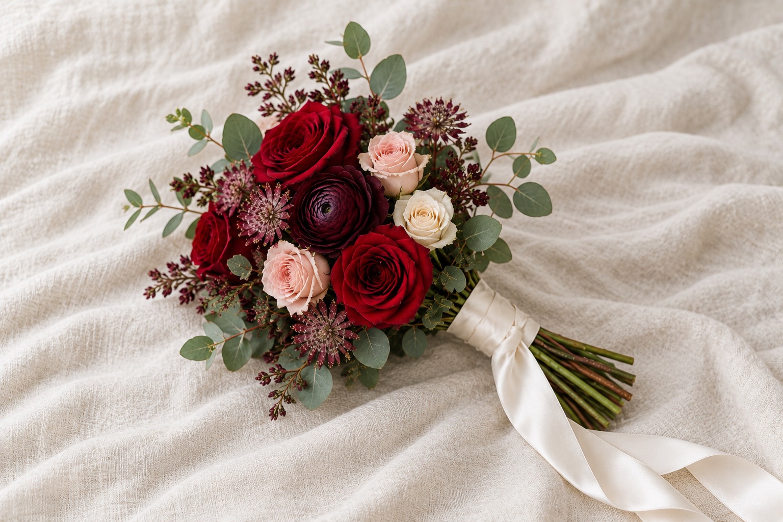 Smaller coordinating bridesmaid bouquet in burgundy, blush and cream with eucalyptus