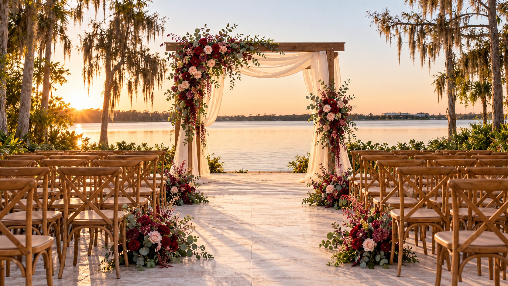 Concept of burgundy and blush flowers on a lakeside ceremony arbor
